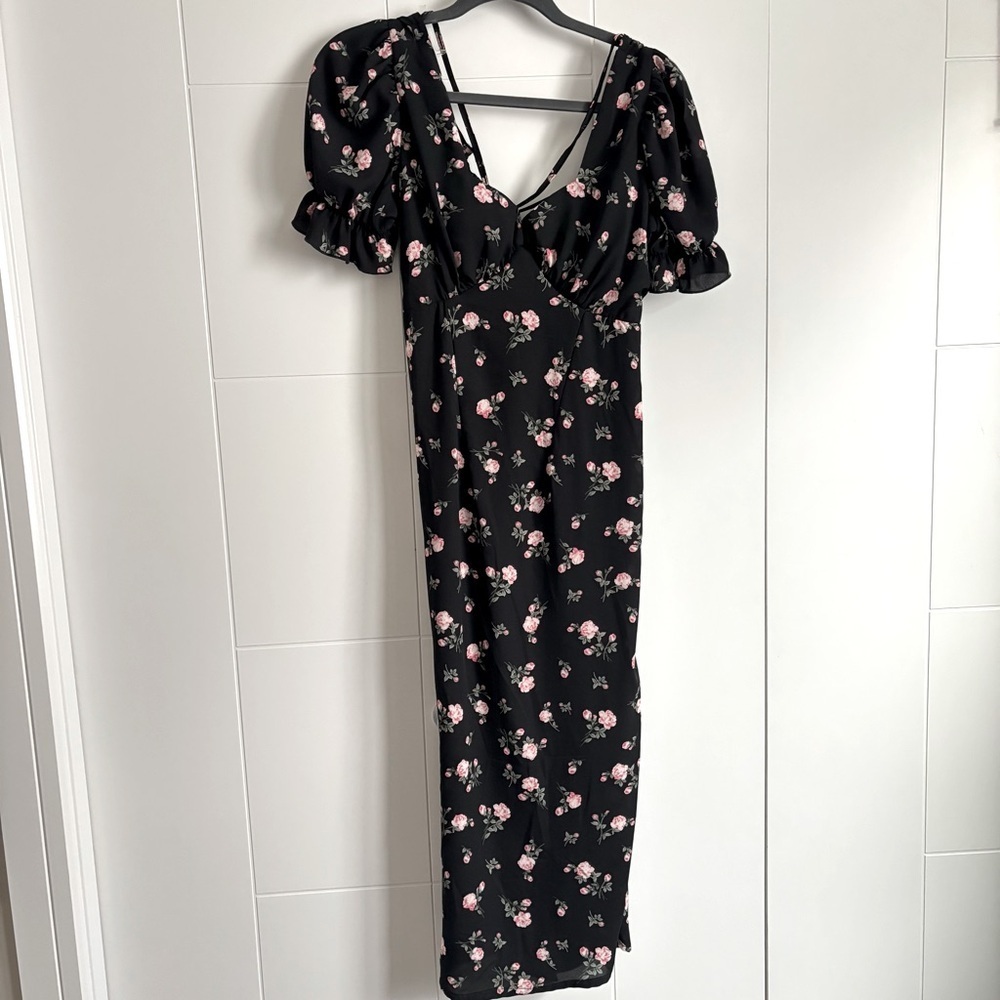 Romantic Rose Print Puff Sleeve Midi Dress